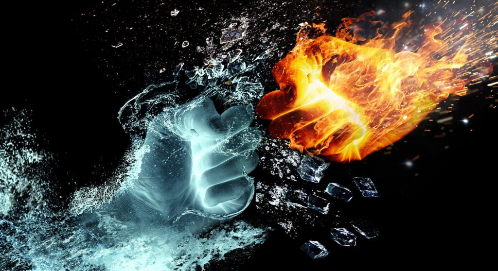 Image: Fist of fire clash against a fist of water
