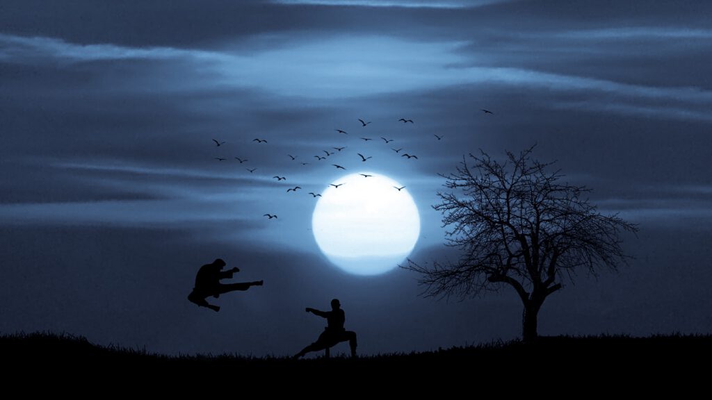 Picture: Sillhouette of two figures kung fu sparring with moon and tree in background