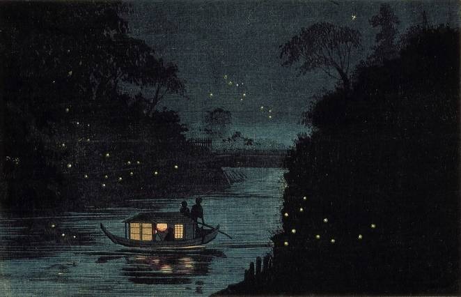 Painting of night-time boat flanked by fireflies